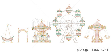 Watercolor border with Amusement park attractions including carousel, Ferris wheel, swing ride and entrance arch. Seamless pattern in gentle pastel style for nursery banners, kids party design. 136618761
