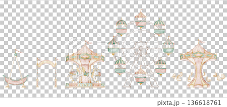 Watercolor border with Amusement park attractions including carousel, Ferris wheel, swing ride and entrance arch. Seamless pattern in gentle pastel style for nursery banners, kids party design. 136618761
