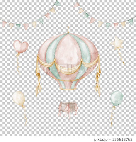 Watercolor hot air Balloon with garlands and flags in soft pastel colors. Festive illustration for nursery posters, baby shower invitations, childish party greeting cards and celebration projects. Watercolor hot air Balloon with garlands and flags in soft pastel colors. Festive illustration for nursery posters, baby shower invitations, childish party greeting cards and celebration projects. 136618762