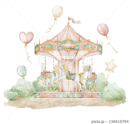 Watercolor carousel illustration with horses in pastel vintage style. Amusement park art for children projects, nursery posters, party designs and fairground scenes. Art of merry go round for baby. Watercolor carousel illustration with horses in pastel vintage style. Amusement park art for children projects, nursery posters, party designs and fairground scenes. Art of merry go round for baby. 136618764