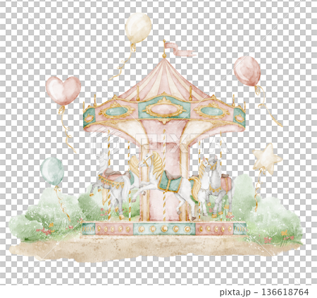 Watercolor carousel illustration with horses in pastel vintage style. Amusement park art for children projects, nursery posters, party designs and fairground scenes. Art of merry go round for baby. Watercolor carousel illustration with horses in pastel vintage style. Amusement park art for children projects, nursery posters, party designs and fairground scenes. Art of merry go round for baby. 136618764