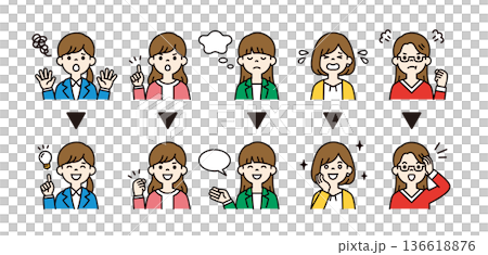 Simple facial expression and pose icon illustration material set of a young female employee who is worried or resolving trouble 136618876