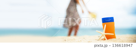 Banner Sunscreen lotion protect woman skin under sunlight burn uv spf moisturizer on summer outdoor beach. Banner Cosmetic sunblock water resistant tanning for woman sunscreen lotion with copy space Banner Sunscreen lotion protect woman skin under sunlight burn uv spf moisturizer on summer outdoor beach. Banner Cosmetic sunblock water resistant tanning for woman sunscreen lotion with copy space 136618947