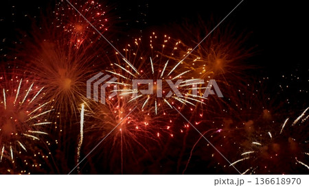 Red Firework celebrate anniversary happy new year 2024, 4th of july holiday festival. red firework in night time celebrate national holiday. Countdown to new year 2025 festival party time event 136618970
