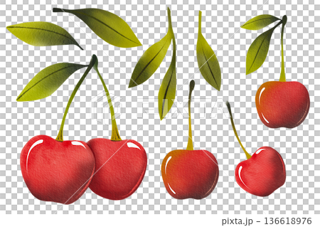 Hand-drawn set of fresh ripe cherries with green leaves. Simple watercolor illustration of red berries. Hand-drawn set of fresh ripe cherries with green leaves. Simple watercolor illustration of red berries. 136618976