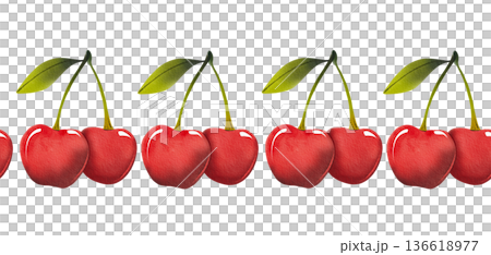 Seamless border with paired cherries and green leaves. Simple watercolor illustration of red berries. Seamless border with paired cherries and green leaves. Simple watercolor illustration of red berries. 136618977