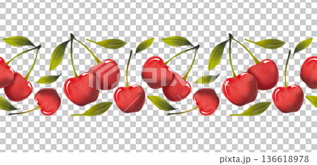 Seamless border with cherries and green leaves. Simple watercolor illustration of red berries. Seamless border with cherries and green leaves. Simple watercolor illustration of red berries. 136618978