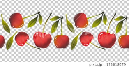 Seamless border with red cherries and green leaves. Simple watercolor illustration of berries. Seamless border with red cherries and green leaves. Simple watercolor illustration of berries. 136618979
