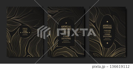 Luxury black background, elegant gold floral line pattern, abstract waves. Premium vector design for gala dinners, wedding invitations, birthday cards, menus, hotel events, award ceremonies. 136619112