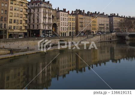 Cityscape of Lyon city by the river with building reflections on the water Cityscape of Lyon city by the river with building reflections on the water 136619131