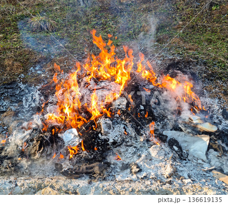 Burning paper and trash in a garden bonfire Burning paper and trash in a garden bonfire 136619135