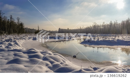 A snowy landscape with a river running through it. A snowy landscape with a river running through it. 136619262
