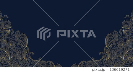 Premium black and gold background, elegant abstract waves and shining light effects. Luxury vector template for award ceremonies, anniversaries, corporate events, glamorous night celebrations. 136619271