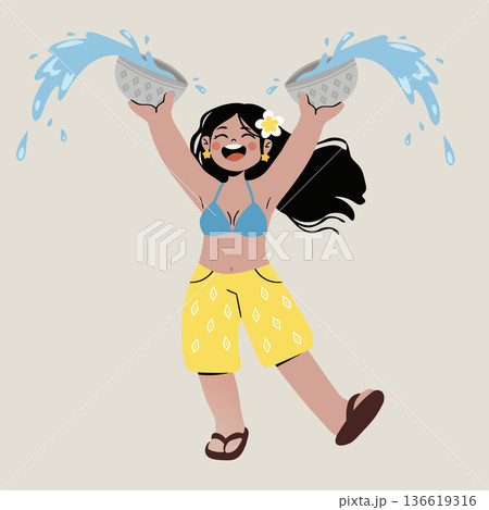 Joyful girl celebrating songkran, the thai new year water festival, with a water bowl and splashing water, colorful vector illustration Joyful girl celebrating songkran, the thai new year water festival, with a water bowl and splashing water, colorful vector illustration 136619316