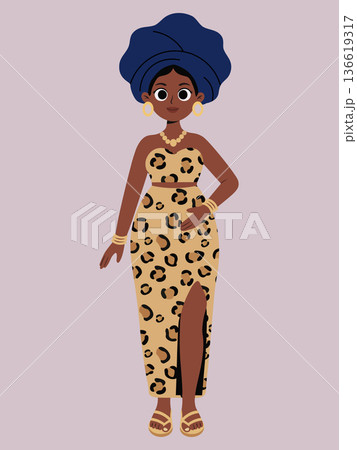 Stylish vector illustration of a confident woman wearing a fashionable leopard print outfit and a vibrant blue headwrap, perfect for fashion and diversity themes 136619317