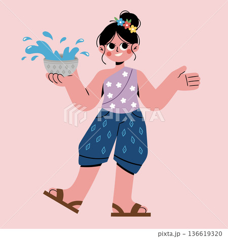 Happy young woman enjoying songkran festival, throwing water and smiling, traditional thai celebration vector art Happy young woman enjoying songkran festival, throwing water and smiling, traditional thai celebration vector art 136619320