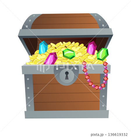 Treasure gold coins. Chest full of shiny royal gold and gemstones. Gold treasure, shiny savings, golden coins isolated on white background. Vector cartoon icon Treasure gold coins. Chest full of shiny royal gold and gemstones. Gold treasure, shiny savings, golden coins isolated on white background. Vector cartoon icon 136619332