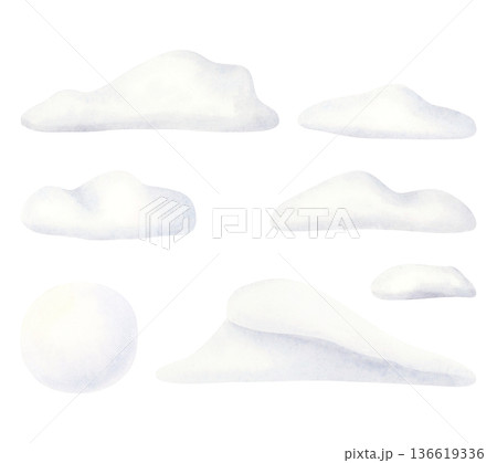 White snowdrifts and snowball watercolor illustration set. Hand drawn snow hills or clouds elements for winter landscape designs and Christmas greetings. North wintertime nature isolated clip art White snowdrifts and snowball watercolor illustration set. Hand drawn snow hills or clouds elements for winter landscape designs and Christmas greetings. North wintertime nature isolated clip art 136619336