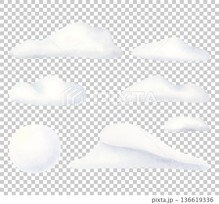 White snowdrifts and snowball watercolor illustration set. Hand drawn snow hills or clouds elements for winter landscape designs and Christmas greetings. North wintertime nature isolated clip art 136619336