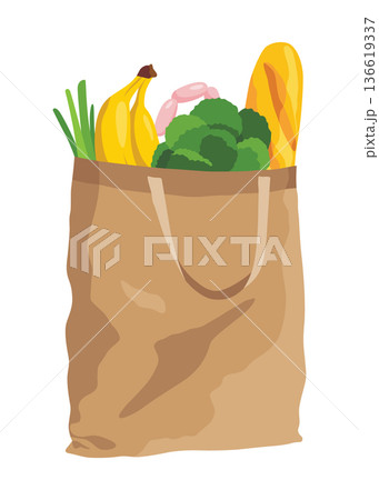 Paper shopping bag products grocery. Different food and beverage products, grocery shopping. Grocery supermarket. Fresh organic food and drinks. Grocery delivery concept Paper shopping bag products grocery. Different food and beverage products, grocery shopping. Grocery supermarket. Fresh organic food and drinks. Grocery delivery concept 136619337