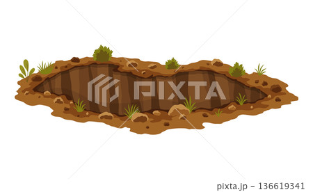 Hole ground. Works digging of sand coal waste rock or gravel. Brown, dry mine element of landscape. Cartoon illustration 136619341