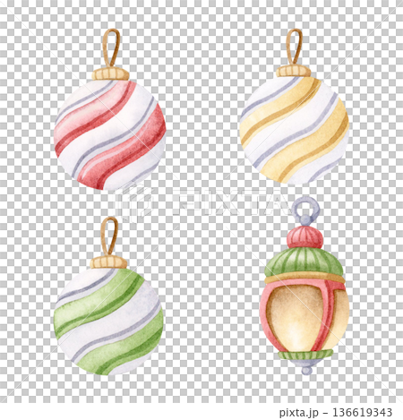 Watercolor Christmas baubles illustration set isolated on white. Hand drawn ornaments, striped tree toys in pastel yellow, red and green colors. New Year hanging balls and lantern clip art Watercolor Christmas baubles illustration set isolated on white. Hand drawn ornaments, striped tree toys in pastel yellow, red and green colors. New Year hanging balls and lantern clip art 136619343