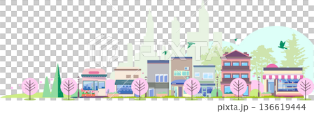 Panoramic background illustration of a spring cityscape with rows of cherry blossom trees in full bloom and urban buildings 136619444