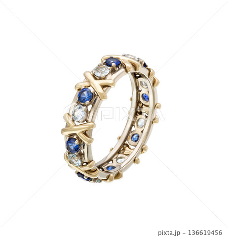Gold eternity ring with blue sapphire and diamond stones, isolated on white 136619456