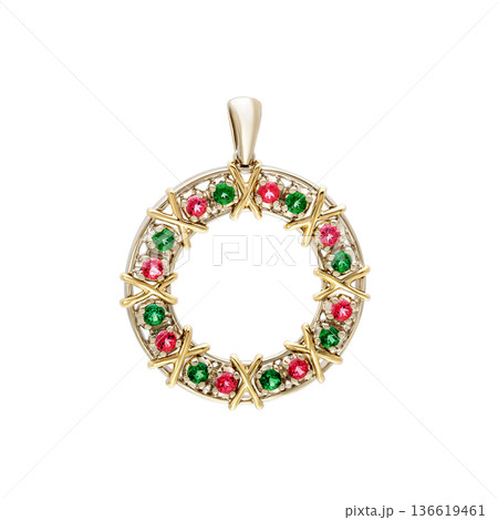 Gold circular pendant with red and green gemstones, isolated on white 136619461
