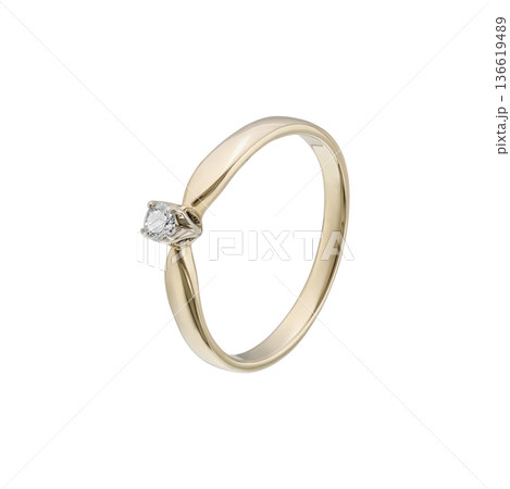 Minimal gold solitaire diamond ring, isolated on white background 136619489