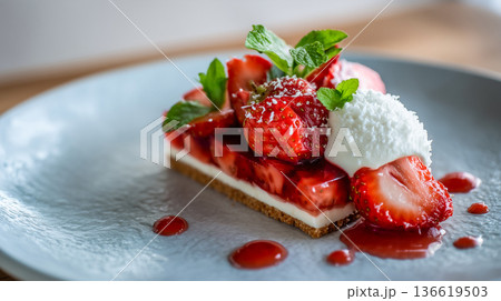 ベリーソースがとろけるチーズケーキの贅沢なデザート 136619503