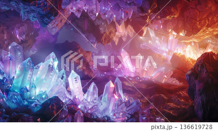 輝くクリスタル洞窟｜神秘と癒しの背景 136619728