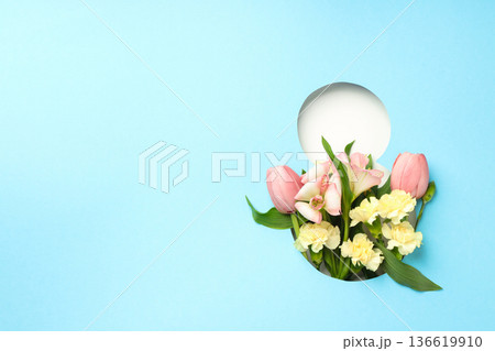 Bright spring flowers arranged creatively for 8 March celebration Bright spring flowers arranged creatively for 8 March celebration 136619910