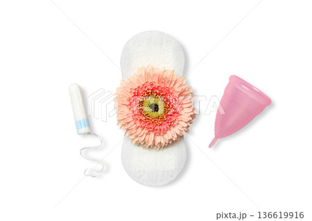 Tampon and menstrual cup with a flower on a pad, isolated, PNG Tampon and menstrual cup with a flower on a pad, isolated, PNG 136619916