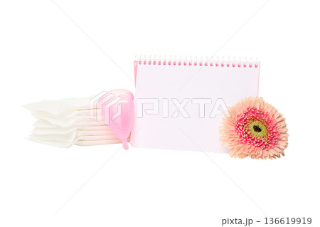Notepad with feminine hygiene products and a flower, isolated, PNG 136619919