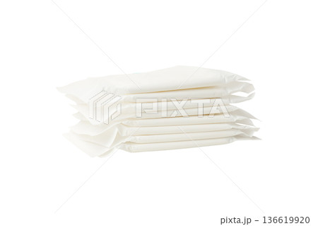 Stack of menstrual care products ready for use, isolated, PNG 136619920