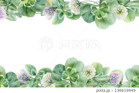 White and lilac clover flowers and leaves in double border template,symbolizing bloom,new life,and luck for newlyweds.Soft watercolor for wedding,invites,joyful seasonal festive of St Patricks Day White and lilac clover flowers and leaves in double border template,symbolizing bloom,new life,and luck for newlyweds.Soft watercolor for wedding,invites,joyful seasonal festive of St Patricks Day 136619949