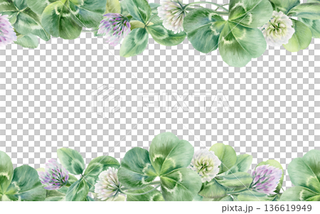 White and lilac clover flowers and leaves in double border template,symbolizing bloom,new life,and luck for newlyweds.Soft watercolor for wedding,invites,joyful seasonal festive of St Patricks Day White and lilac clover flowers and leaves in double border template,symbolizing bloom,new life,and luck for newlyweds.Soft watercolor for wedding,invites,joyful seasonal festive of St Patricks Day 136619949