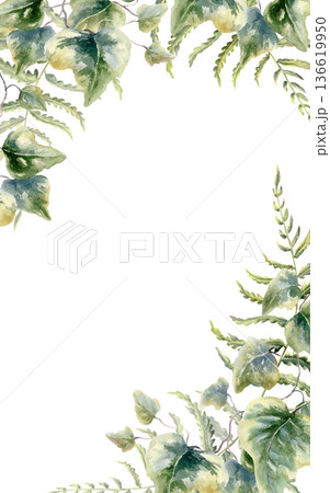 Fern leaves,ivy twigs in corner frame of mysterious,designed as a forest themed card template.Watercolor,delicate details,nature border for wedding invitations,woodland branding,magical storytelling 136619950