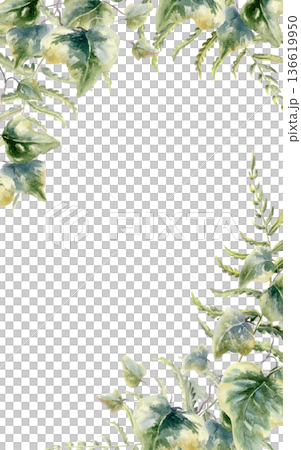 Fern leaves,ivy twigs in corner frame of mysterious,designed as a forest themed card template.Watercolor,delicate details,nature border for wedding invitations,woodland branding,magical storytelling 136619950