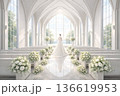 白色の花で彩られている白いチャペルのイメージパース　人物付き 136619953