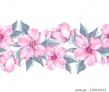 Hand drawn watercolor illustration of seamless floral border with elegant pink flowers and leaves. Botanical floral ribbon for textile, stationery design, and surface pattern decoration. Hand drawn watercolor illustration of seamless floral border with elegant pink flowers and leaves. Botanical floral ribbon for textile, stationery design, and surface pattern decoration. 136620141