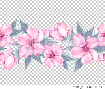 Hand drawn watercolor illustration of seamless floral border with elegant pink flowers and leaves. Botanical floral ribbon for textile, stationery design, and surface pattern decoration. Hand drawn watercolor illustration of seamless floral border with elegant pink flowers and leaves. Botanical floral ribbon for textile, stationery design, and surface pattern decoration. 136620141