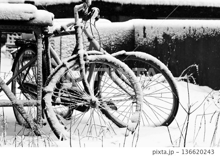 old vintage bicycle parked in a city street 136620243