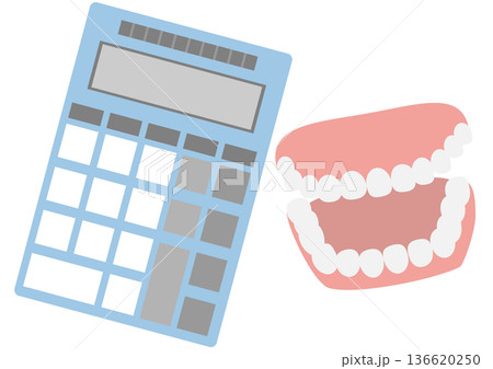 歯科治療費の見積もりや費用の計算イメージの入れ歯と電卓のイラスト素材 136620250