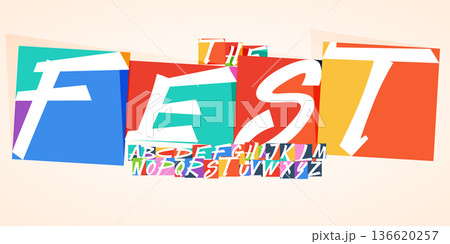 Festival Font Logo Alphabet Carnival Letter Set Modern Typography, Fun Art Creative Typographic Design for Bright Summer Poster Headline, Color Type Symbol Logotype, Colorful Fonts. Vector Typeface 136620257