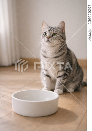食事を待つ猫のイメージ　上向きバージョン 136620297