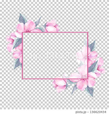 Hand drawn watercolor illustration of floral frame with elegant pink flowers and leaves. Botanical border with copy space for wedding invitations, greeting cards, or spring stationery design. 136620434