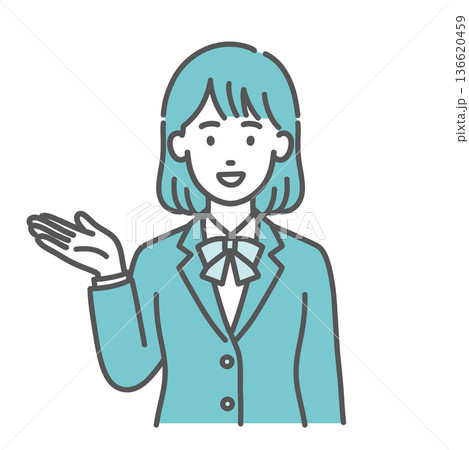 案内・紹介をするティーン女性・女子学生のイラスト（手のひらを上に向ける・制服・上半身） 136620459