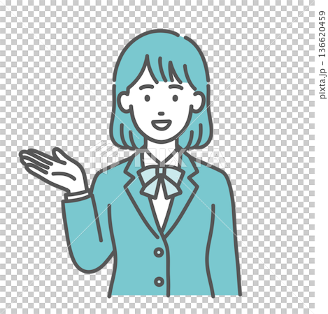 案内・紹介をするティーン女性・女子学生のイラスト（手のひらを上に向ける・制服・上半身） 136620459